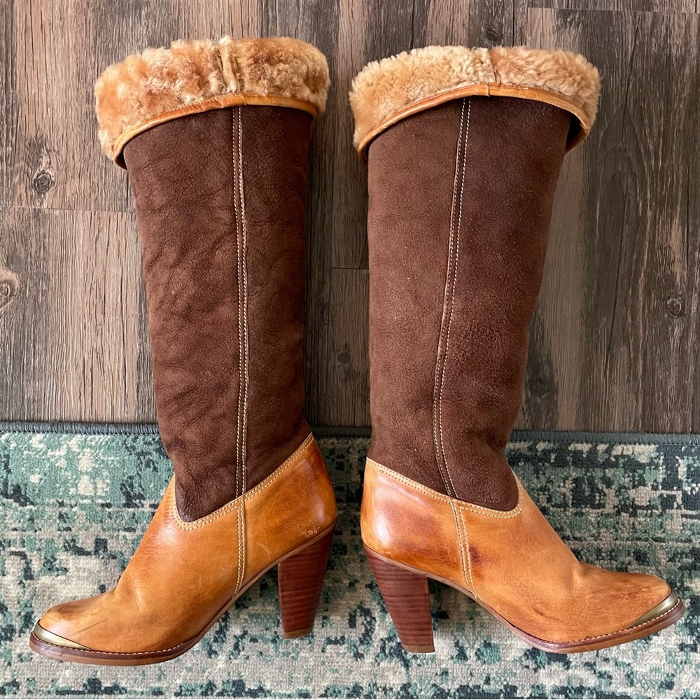 Vintage Brown Suede Cream Sherpa Lined Calf Height Heeled Boots Size 6.5 D - Picture 16 of 16